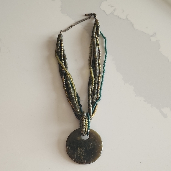 Jewelry - Multicolor Beaded Necklace with Circular Jade-like (Plastic) Pendant